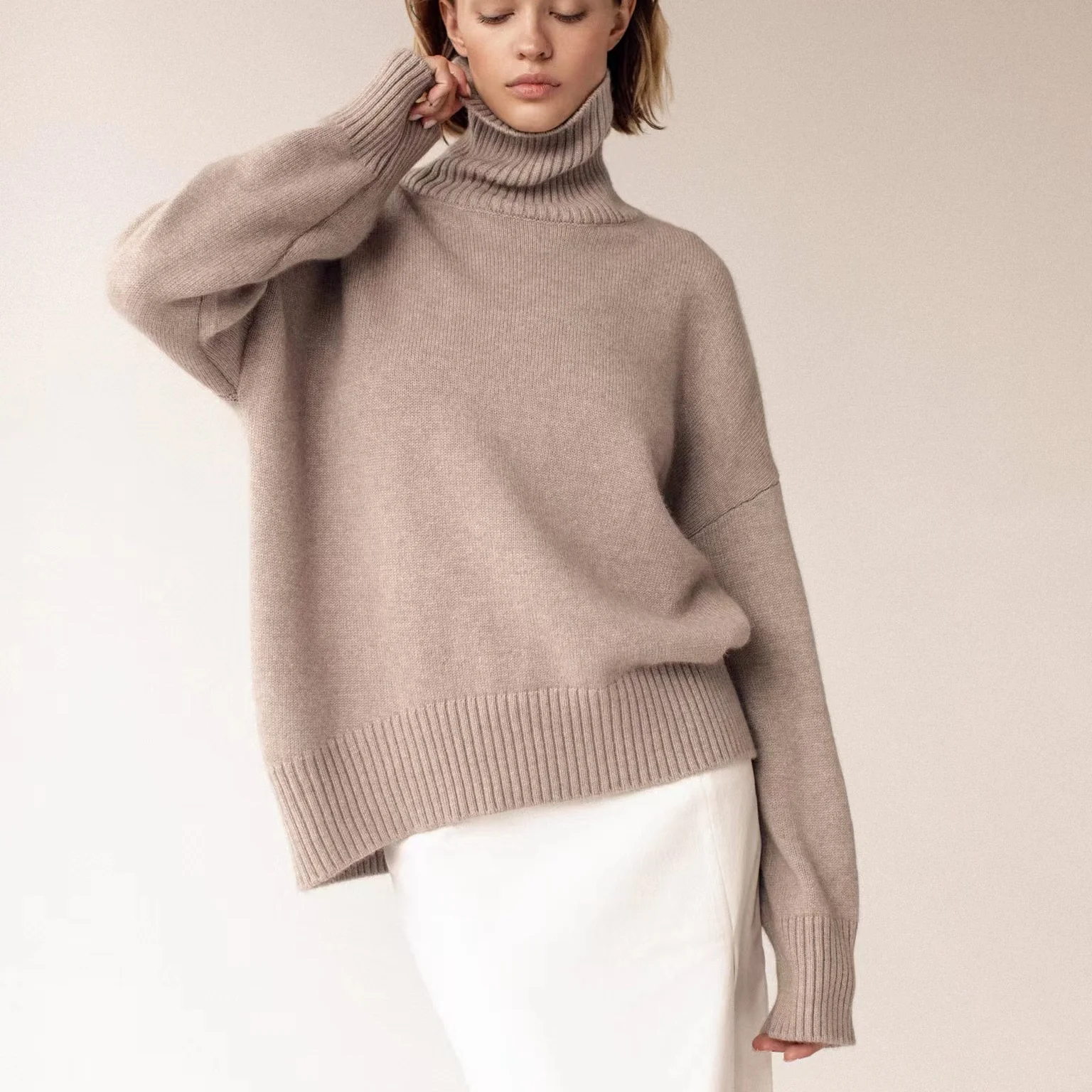 Women High Turtle Neck Loose Knitted Turtleneck Long Sleeve Lady Pullover Basic Sweater