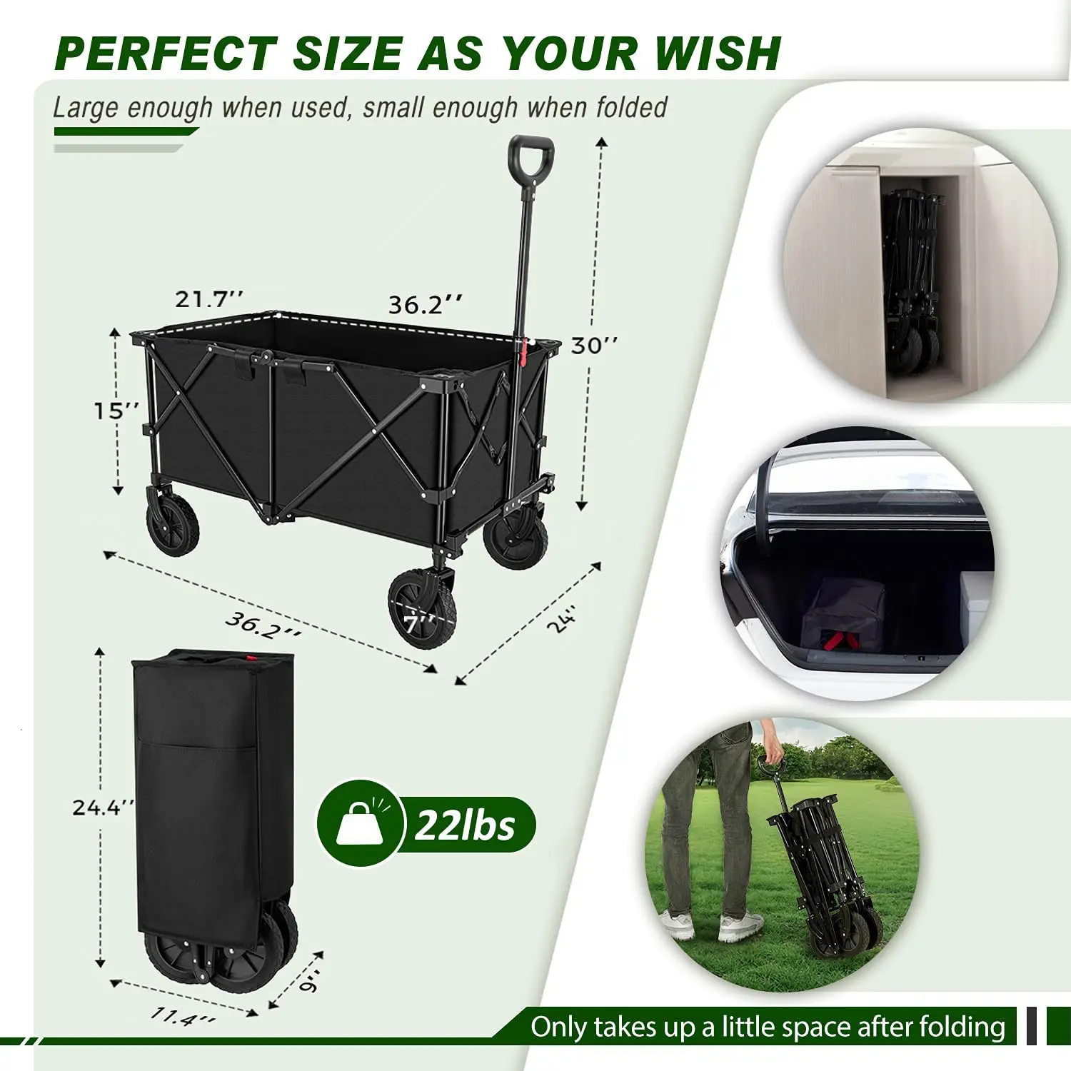 Outdoor Folding Wagon Cart, Portable Large Capacity Beach Wagon, Heavy Duty Utility Collapsible Wagon with All-Terrain Wheels