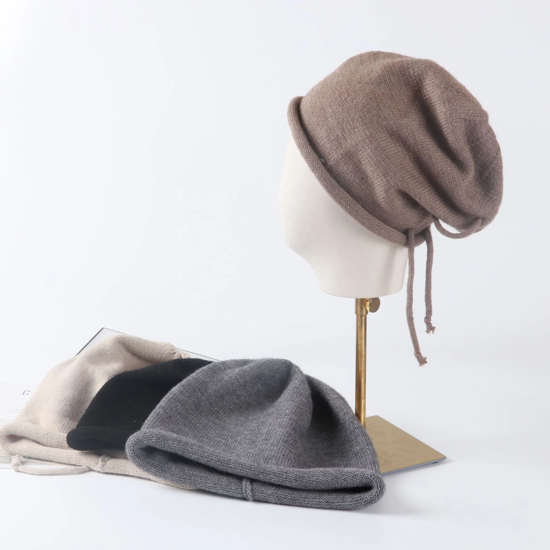 Hipster Female Soft Ski Hat Oversized Slouchy Baggy Beanies Wool Cashmere Beanie Hats With Adjustable Drawstring