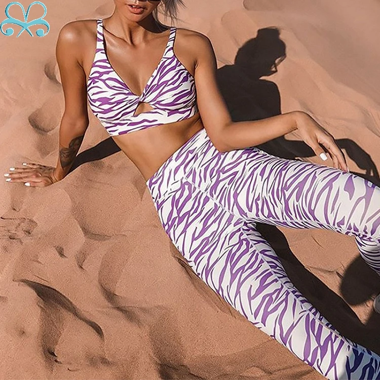 European/American style stripe digital print yoga fitness suit sports tight two-piece set for women