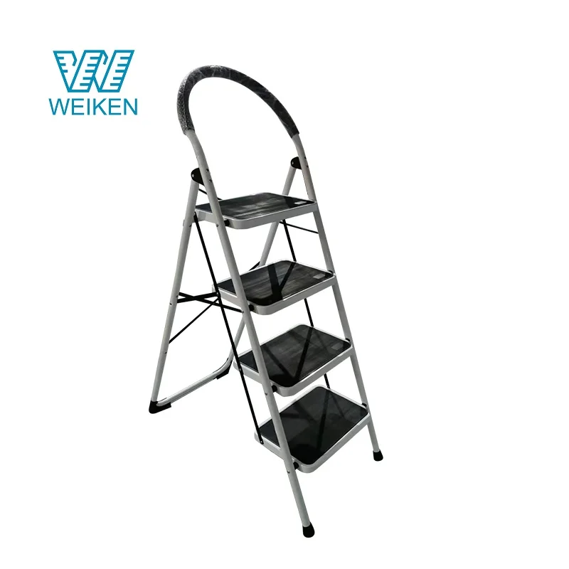 WEIKEN EN131 Kitchen Attic Steel Foldable Ladder Stool Portable Household Metal 4 Step Ladder with Handrail