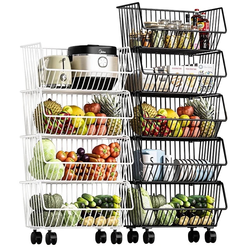 Modern 5 Layer carbon steel kitchen organizer vegetable basket shelf with universal Wheels Removable Shelving Fruit Storage Rack