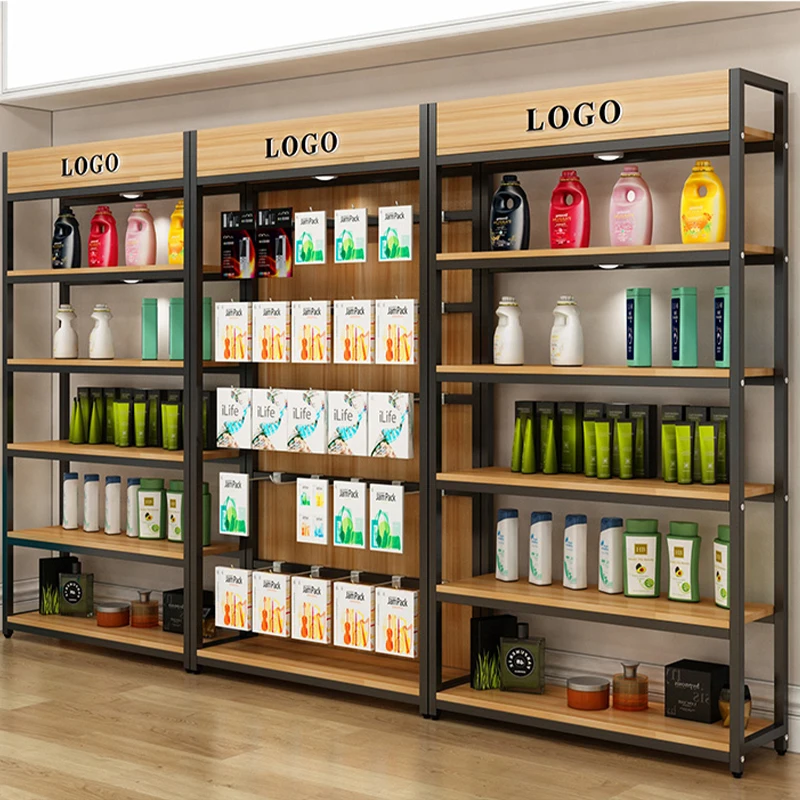 Boutique retail store shop stainless steel wood display shelf cabinet metal gondola wig hooking display stand rack for shelves