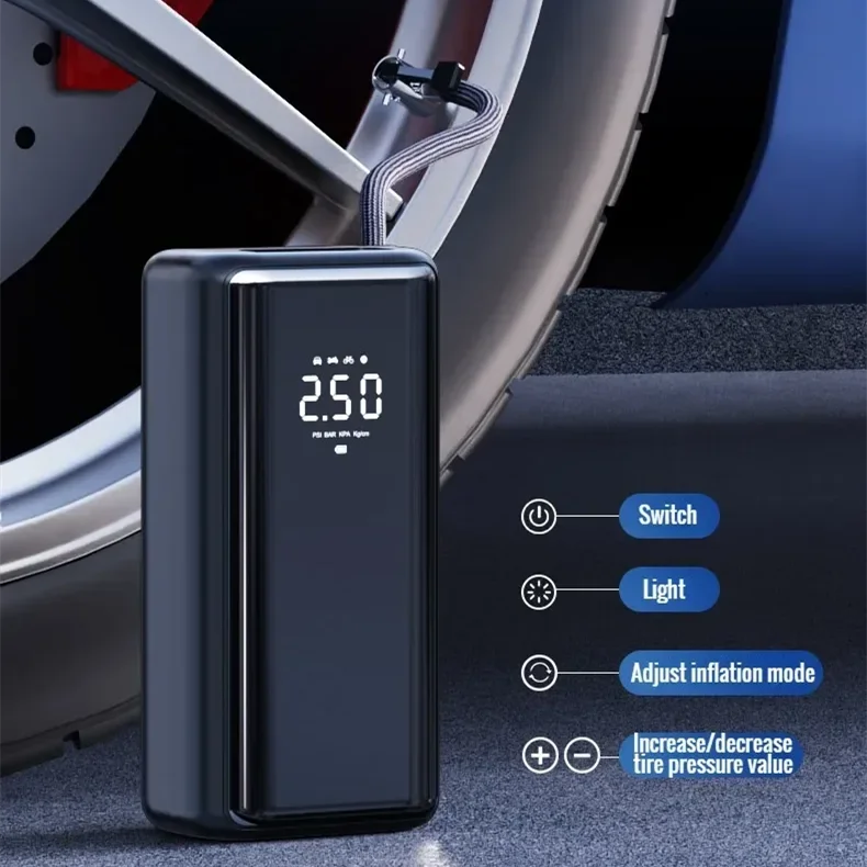 Cordless and Corded dual power car tire inflator, digital auto stop DC 12V 4500mah portable car air compressor