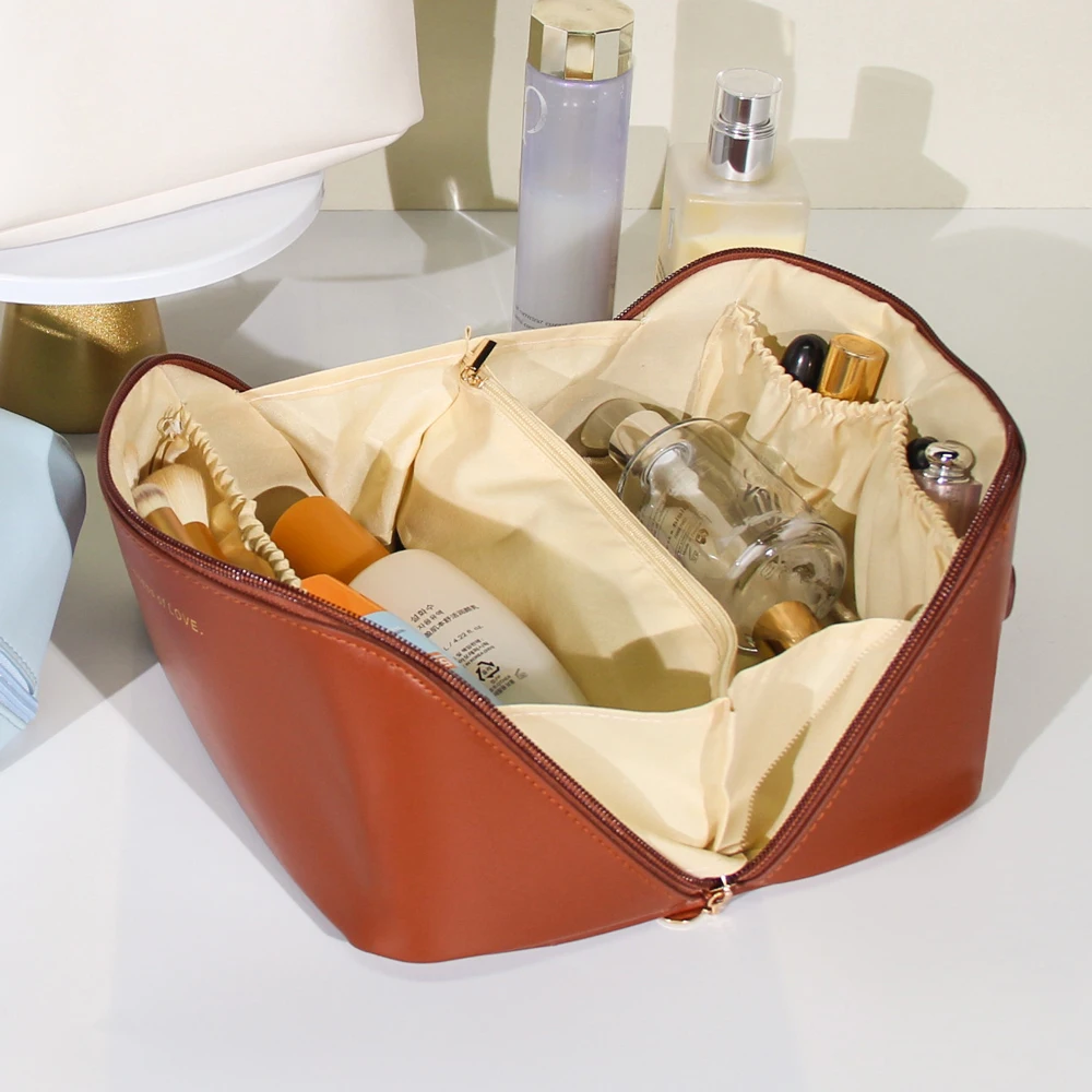 Custom Makeup Bag Portable PU Leather Waterproof Toiletry Pouch Travel Make up Bag Multifunctional Brush Cosmetic Bag for Women