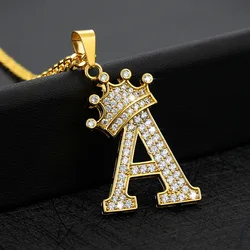 Crystal Zircon Alphabet Pendant Necklaces Crown Initial Letter Necklace Goth Chain Vintage Jewelry Stainless Steel For Women Men