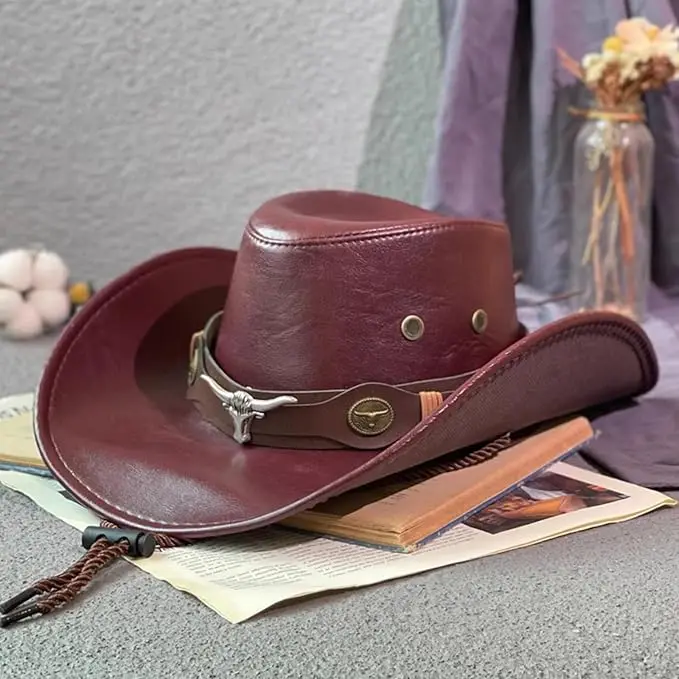 Western Costume Party Unisex Cowgirl Hat Leather Handmade Cowboy Hat With Bull Horn Belt