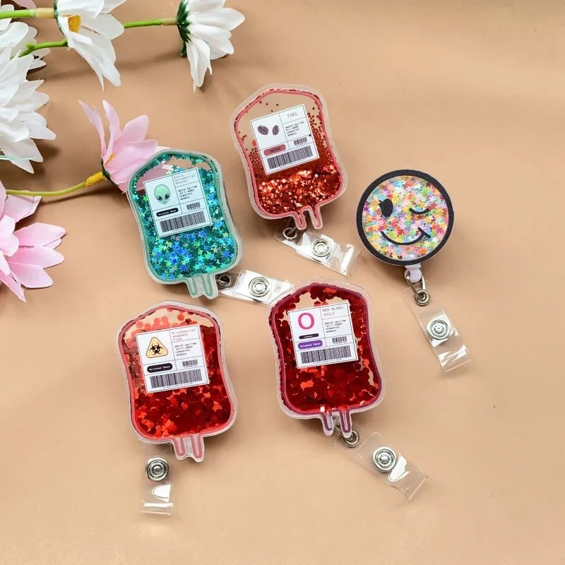 Hot Sale Acrylic Shaker Blood IV Bag Alien Smile Badge Reel Nurse Accessories ID Card Holder Retractable Badge Reel Badge Holder