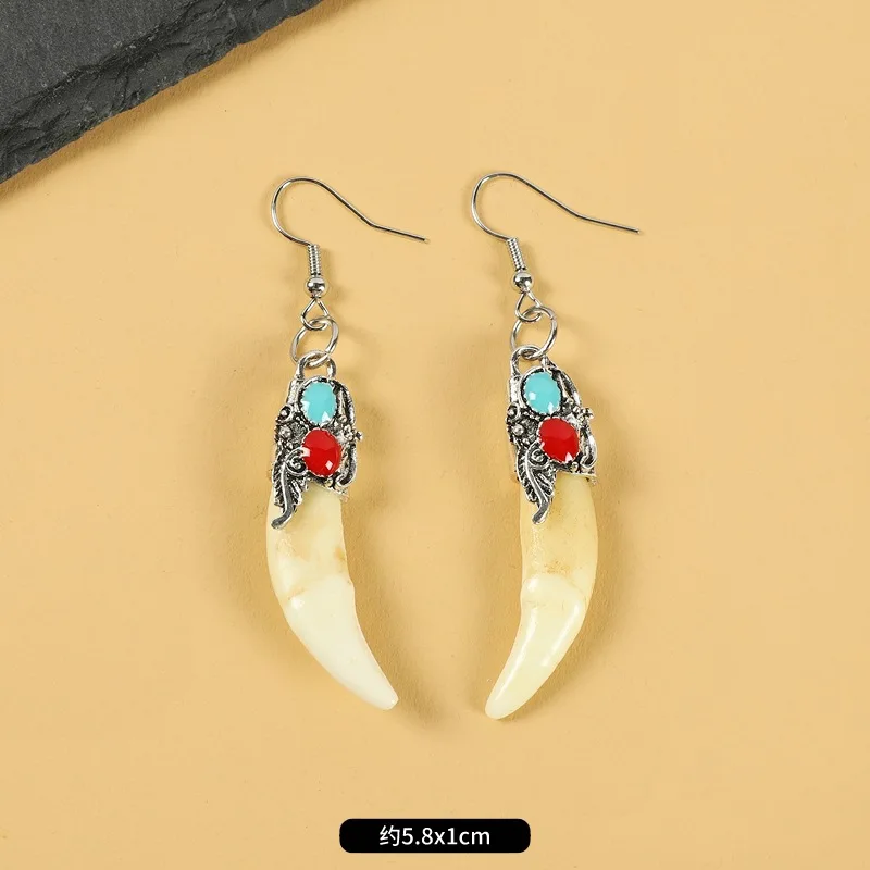 New Fashion Light Luxury Retro Fangs Earrings Tibetan Silver Mosaic Real Tibetan Mastiff Dog Teeth Earrings Wholesale For Women