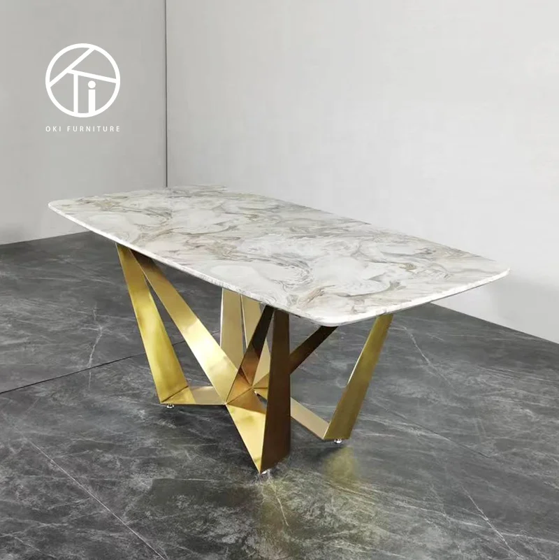 modern dining room fancy unique luxury gold stainless steel metal crossed leg stone marble dining table 8 seater