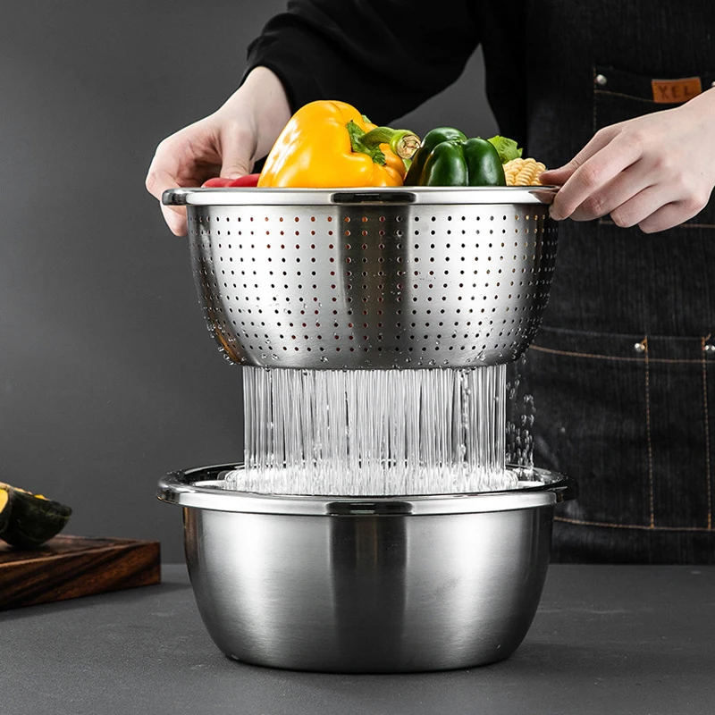 Various specifications of round stainless steel bowl rice sieve mixing basin vegetable basin washing rice basin set