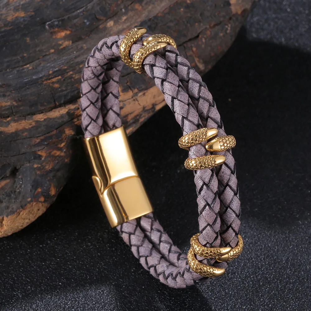Stylish Jewelry Stainless Steel Magnetic Gold Clasp Eagle Claw Charm Genuine Leather Bracelet For Men Gift Wholesale Customize