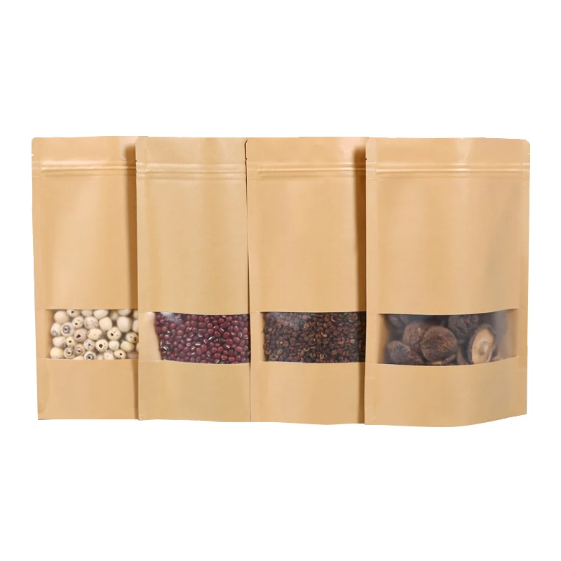 Small Back Seal Bag Kraft Paper Bags With Window Food Packaging Bag Brown Jagged Style Granules Packaging Customized Candy Snack