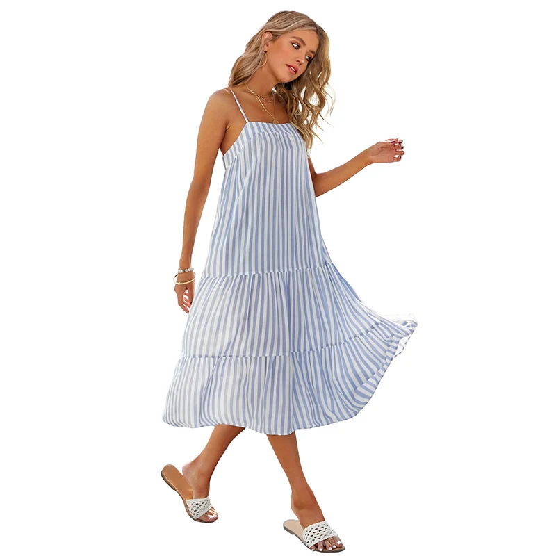 Sexy Open Back Stripe Plus Size Slip Dress Double Layer A-Line Loose Casual Dresses Women