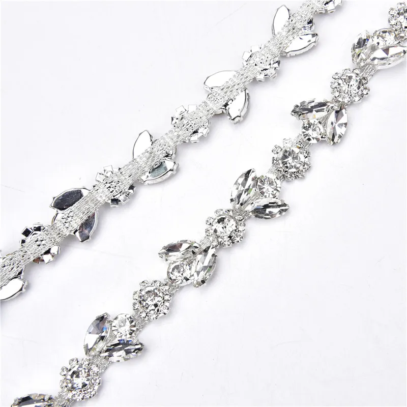 Crystal Rhinestone Flower Chain Trim Bling Horse Eye Glass Diamond Sew On Wedding Dress Shoes Accessory Wholesale Diy