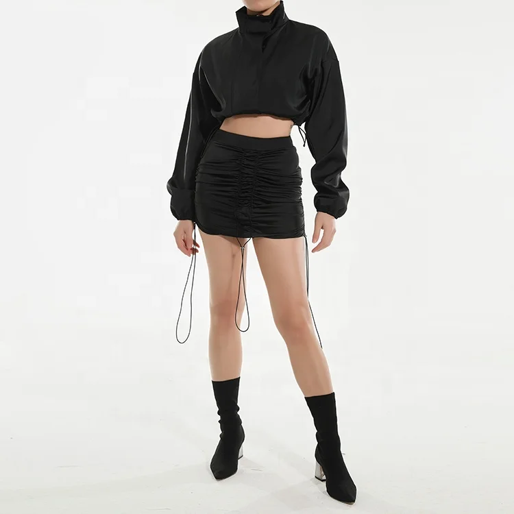 Long Sleeve Crop Tops Outfits Black Mini Short Sexy Wrap Satin Skirts Plus Size Sexy Women Skirt Two Piece Sets