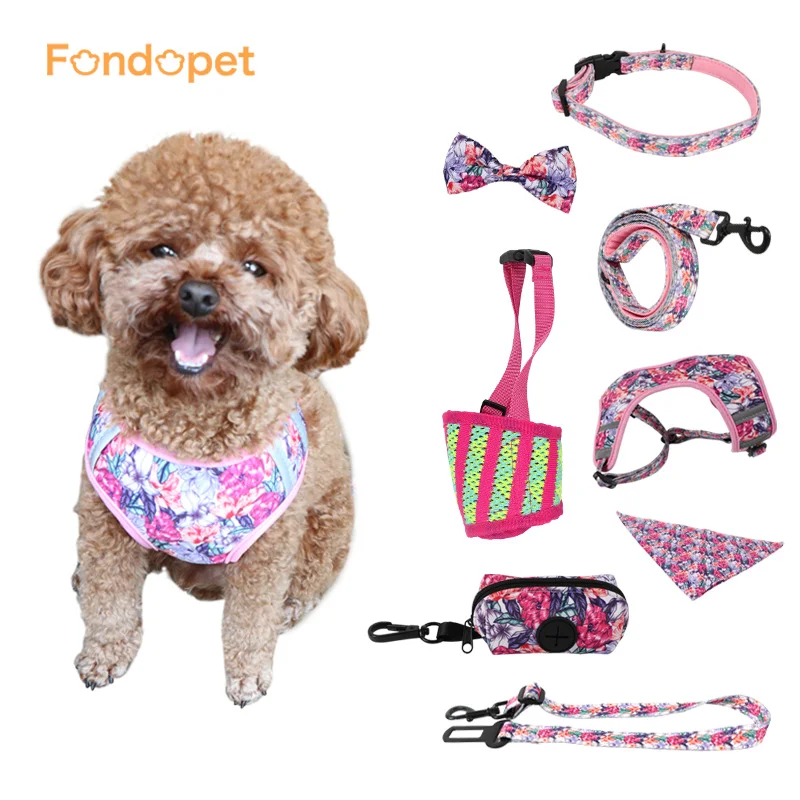 Fondopet 6 7 8 pcs set Pink Flower Custom Logo Dog Free Size Harness No Pull Small Dog Pet Harness Set for Small Dog