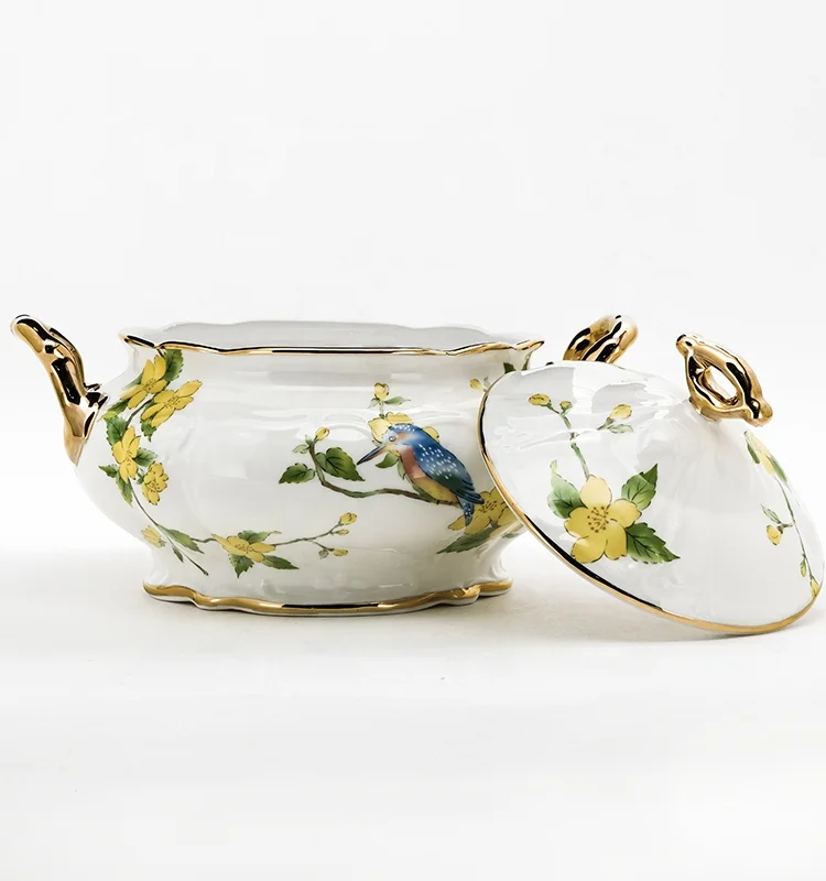 
Latest Design gold rim Ceramic Soup Tureen Bowl with lid 