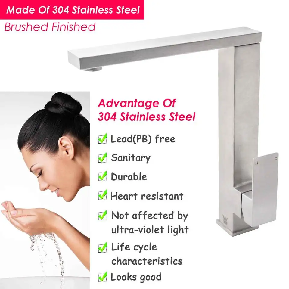 Factory Supply Watermark Certification Wels Brushed Stainless Steel Square Swivel Single Lever Sink Tap Lead Free Kitchen Faucet