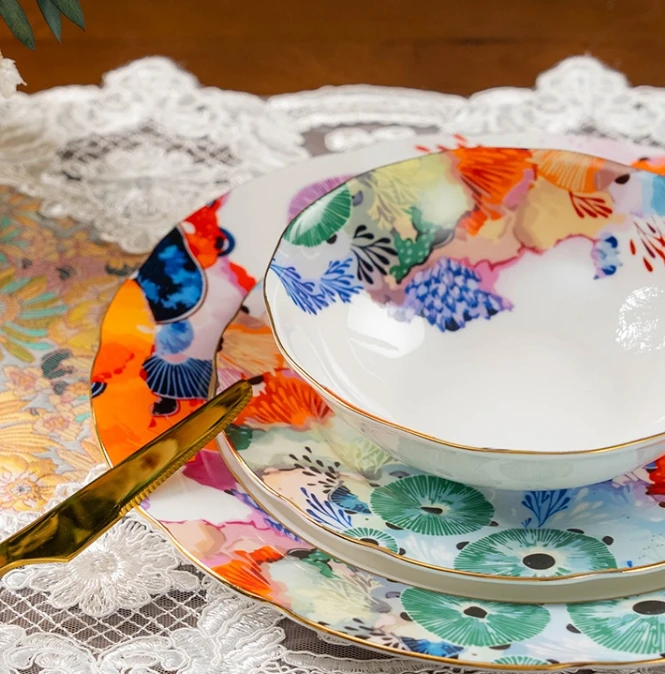 Colorful Underwater World High Bone Porcelain Tableware Set Art Light Luxury One Person Beef Plate Ceramic Bowl Plate