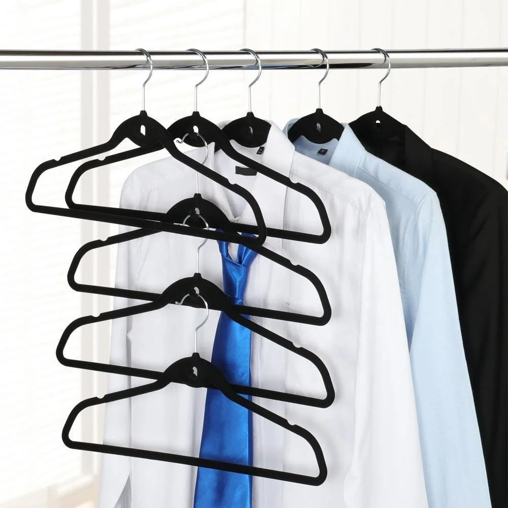 
Custom Design Wholesale Premium Velvet Suit Hangers Non Slip Black Clothes Hanger Hook 360 Swivel Ultra Thin 