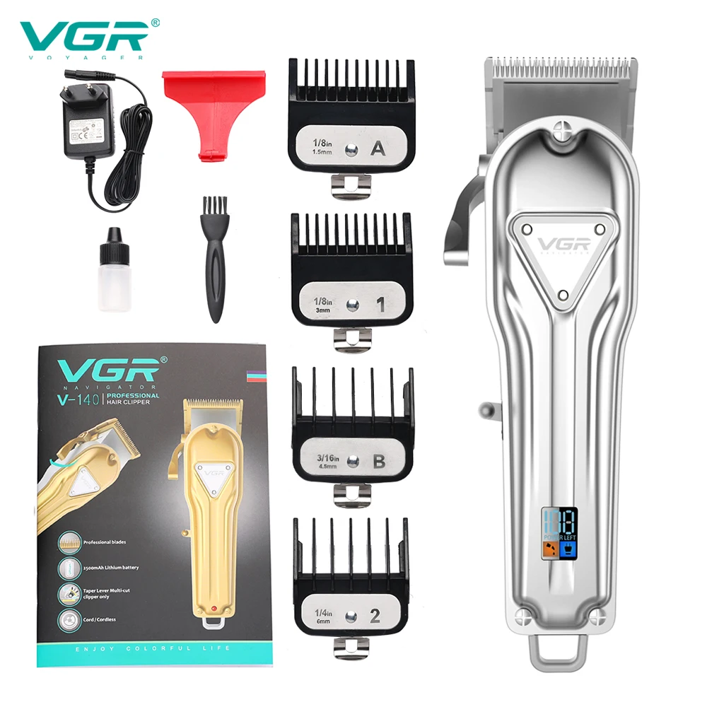 VGR V-140 New Cordless Barber Haircut Professional Rechargeable USB Salon Wholesale Gold All Metal With Lcd Hair Clipper Trimmer
