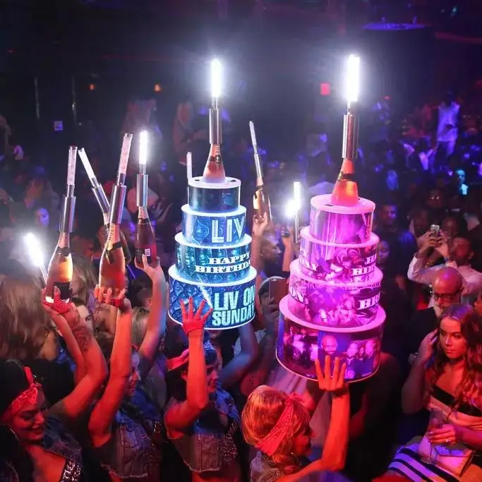 Custom logo Glow wine cake led bottle presenter  4layer metal birthday  bottle  display  presenter for night club