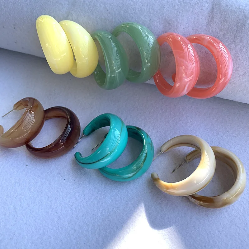 Exaggerated Candy Color C-shape Acetate Acrylic Resin Hoop Earrings 925 Silver Needle