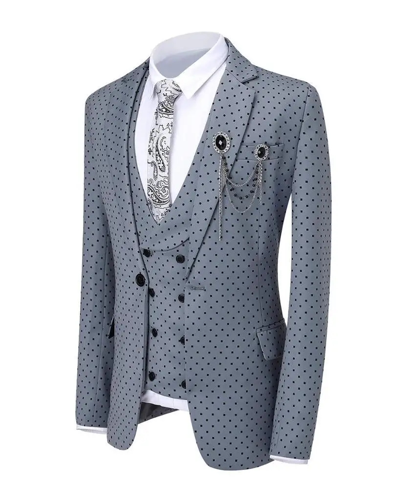 Slim Fit Notch Lapel double bleasted grey men suit mens trouser (Blazer+vest+Pants)