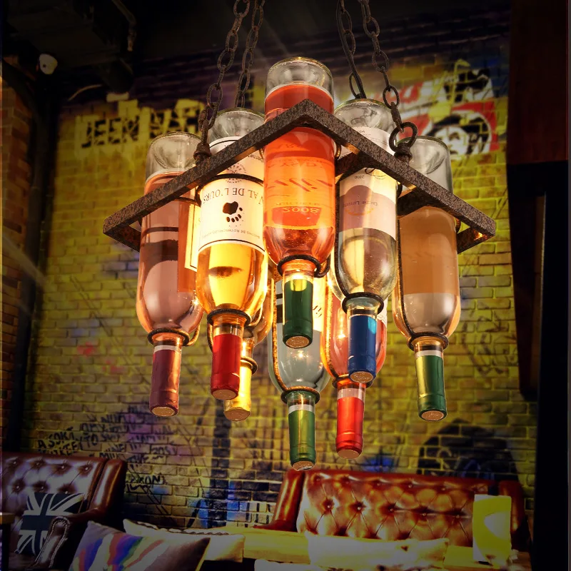 China factory odm Retro Industrial rustic LED beer Lamp Metal loft Bar Creative glass Wine Bottle chandelier Pendant light