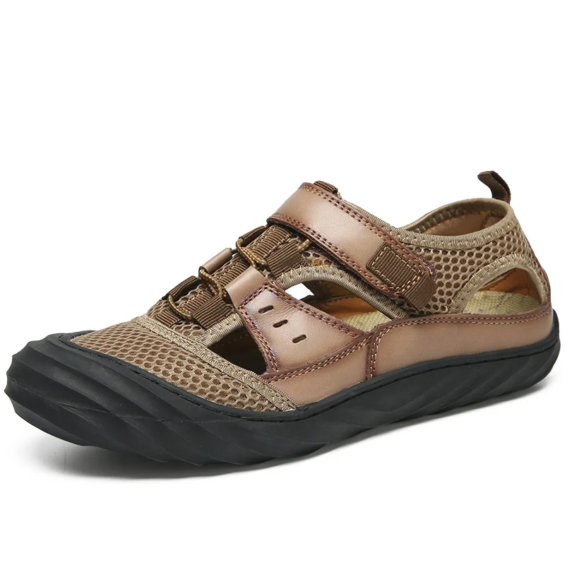 Summer breathable mesh genuine leather men outdoor sandals
