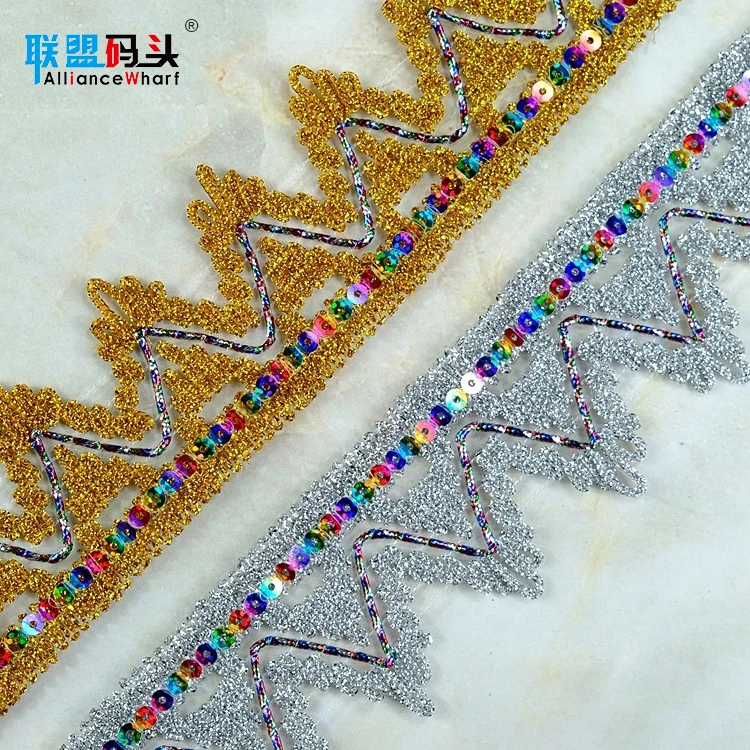 Manufacturers Triangle Gold And Silver Crown Trimming Ethnic Saree Border Lace With Colorful Sequins For Dance Dress