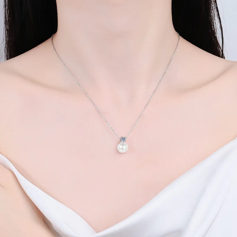 Korean version of simple pearl pendant D colour moissanite s925 sterling silver collarbone chain female