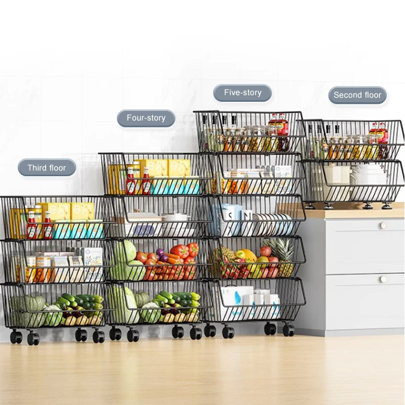Modern 5 Layer carbon steel kitchen organizer vegetable basket shelf with universal Wheels Removable Shelving Fruit Storage Rack