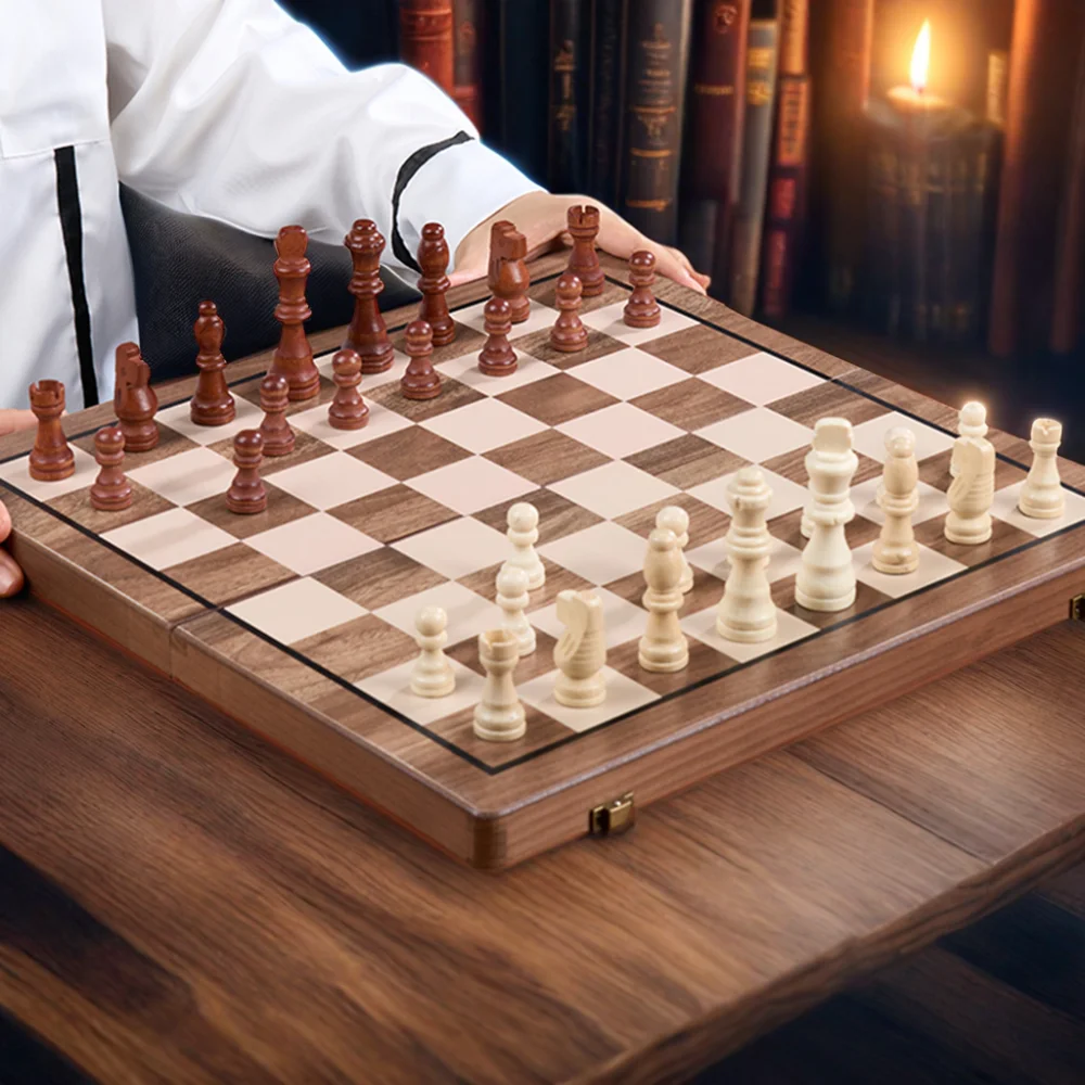 15' Magnetic Wooden Chess Game Set Folding Board Chess Pieces Storage Slots Chess Set for Beginners Kids Adults