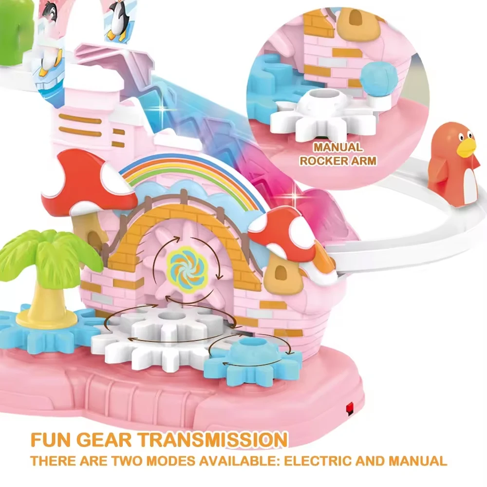 2024 Kids new educational diy assembled penguin ladder track toy fun cartoon pink gear building block track toy with sound light