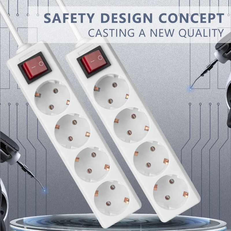 Multi-plug European standard extension power socket outlet 4way with switch hot sell electric smart eu power strip