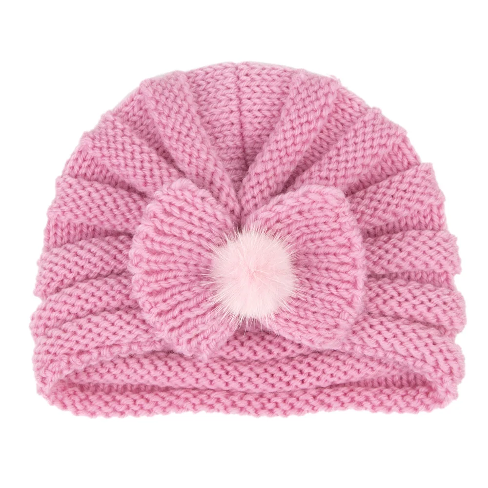 Wholesale Winter Kids 100% Cotton Skein Crochet Knitted Double Faux Fur Pom Pom Beanies Custom Label Toddle Baby Hats