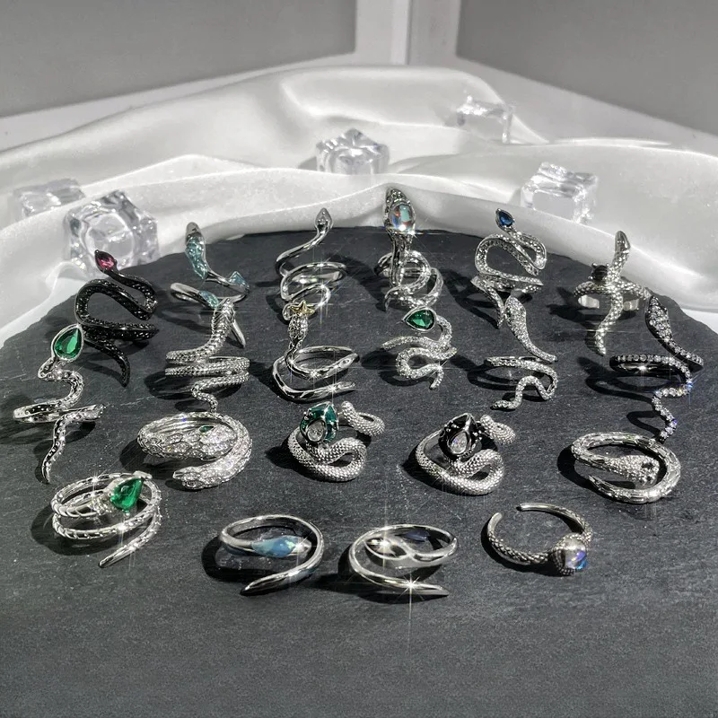 DAIHE Fashion 2024 New Gemstone Snake Ring Adjustable Open Crystal Zircon Moonstone Rings