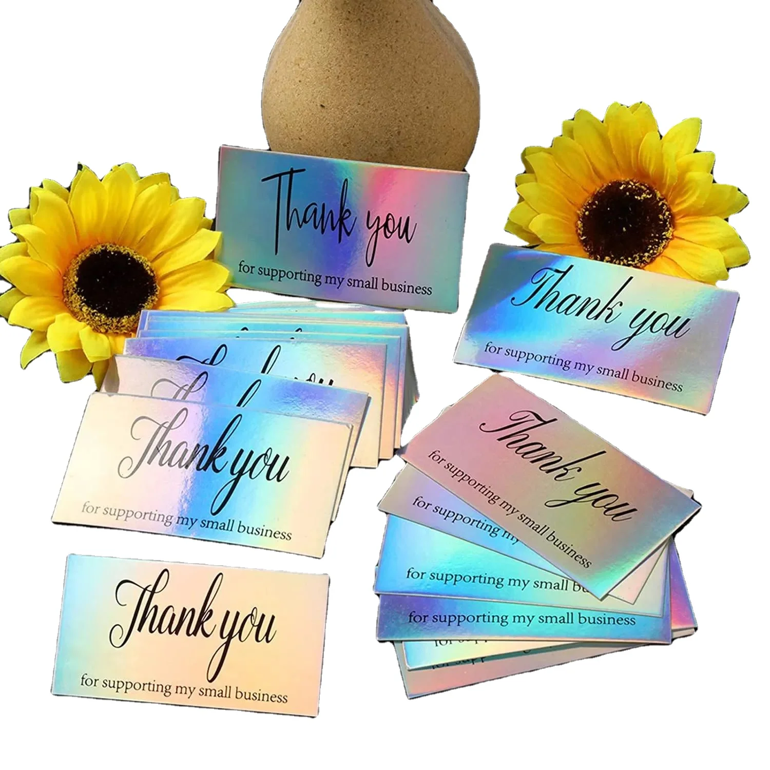 50pcs/pack Thank You Cards For Supporting Small Business Holographic Mini Rainbow Card Business Card For Package Decoration
