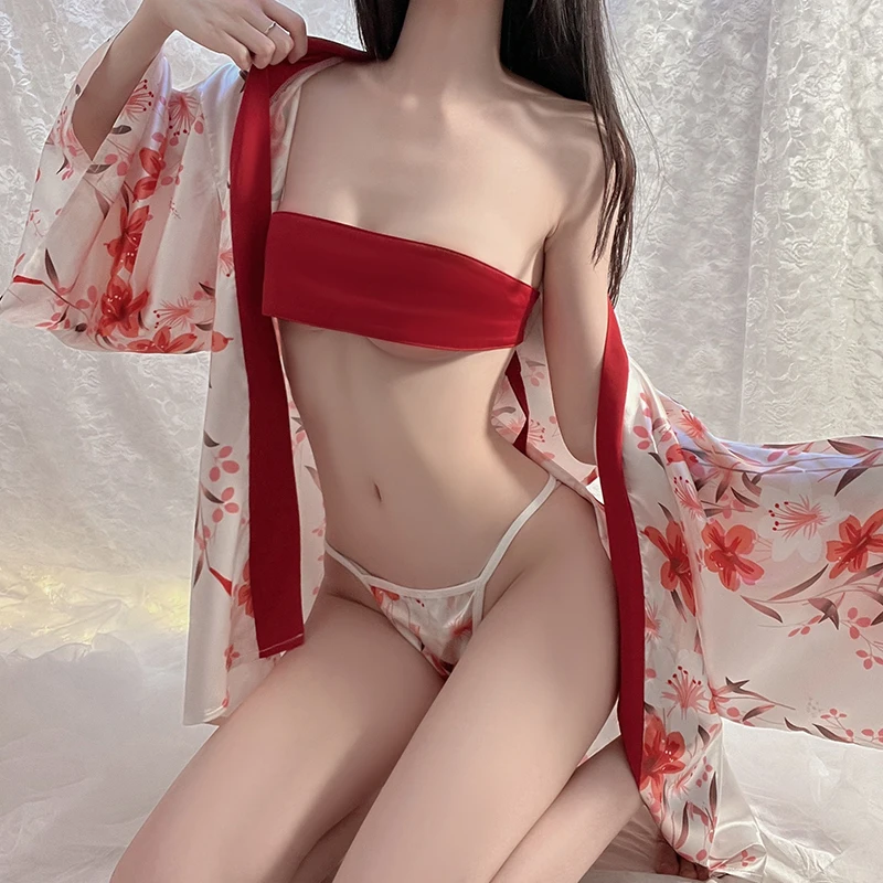 wholesale Japanese dual wear Kimono printed satin  night robe sexy women sleepwear GR1567