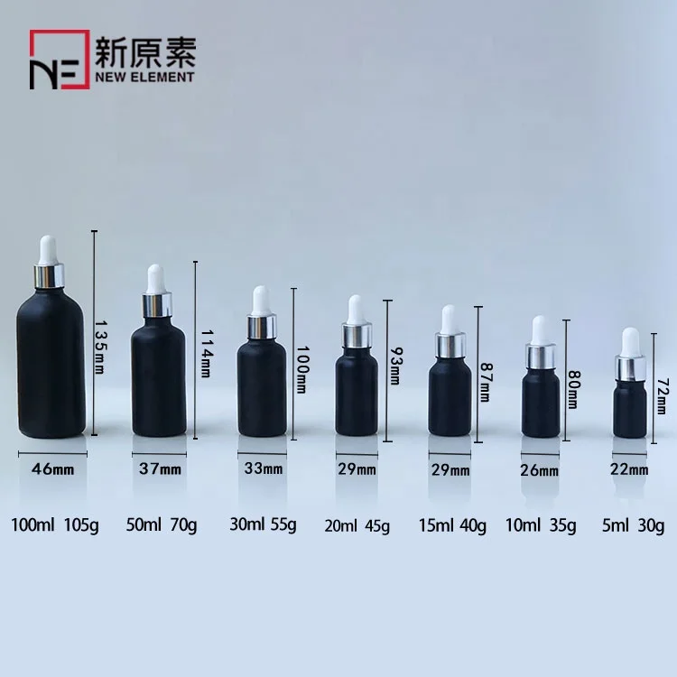 frosted black cosmetic 5ml 10ml 15ml 20ml 30ml 50ml 100ml oil glass dropper bottle for hair products with silver white dropper