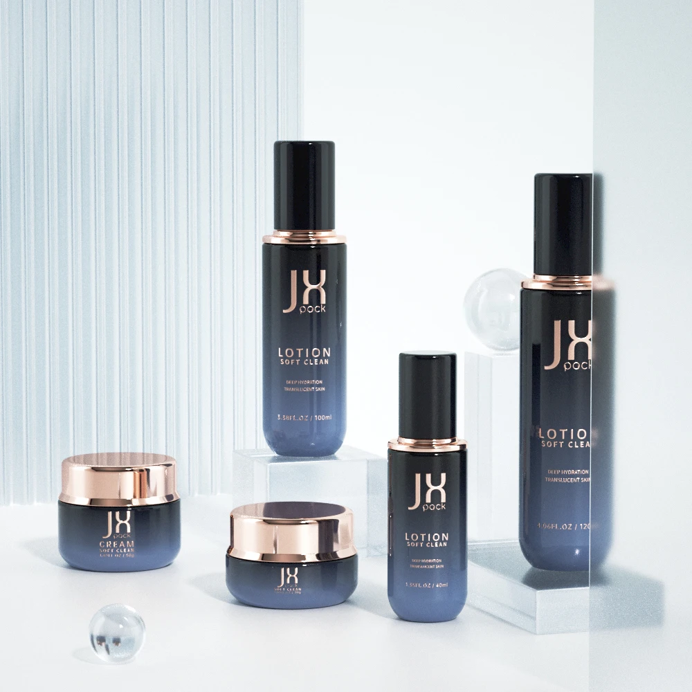 Luxury sky blue transparent 30g 50g 50ml 100ml 120ml glass cosmetic bottle and jar skincare packaging set with silver cap