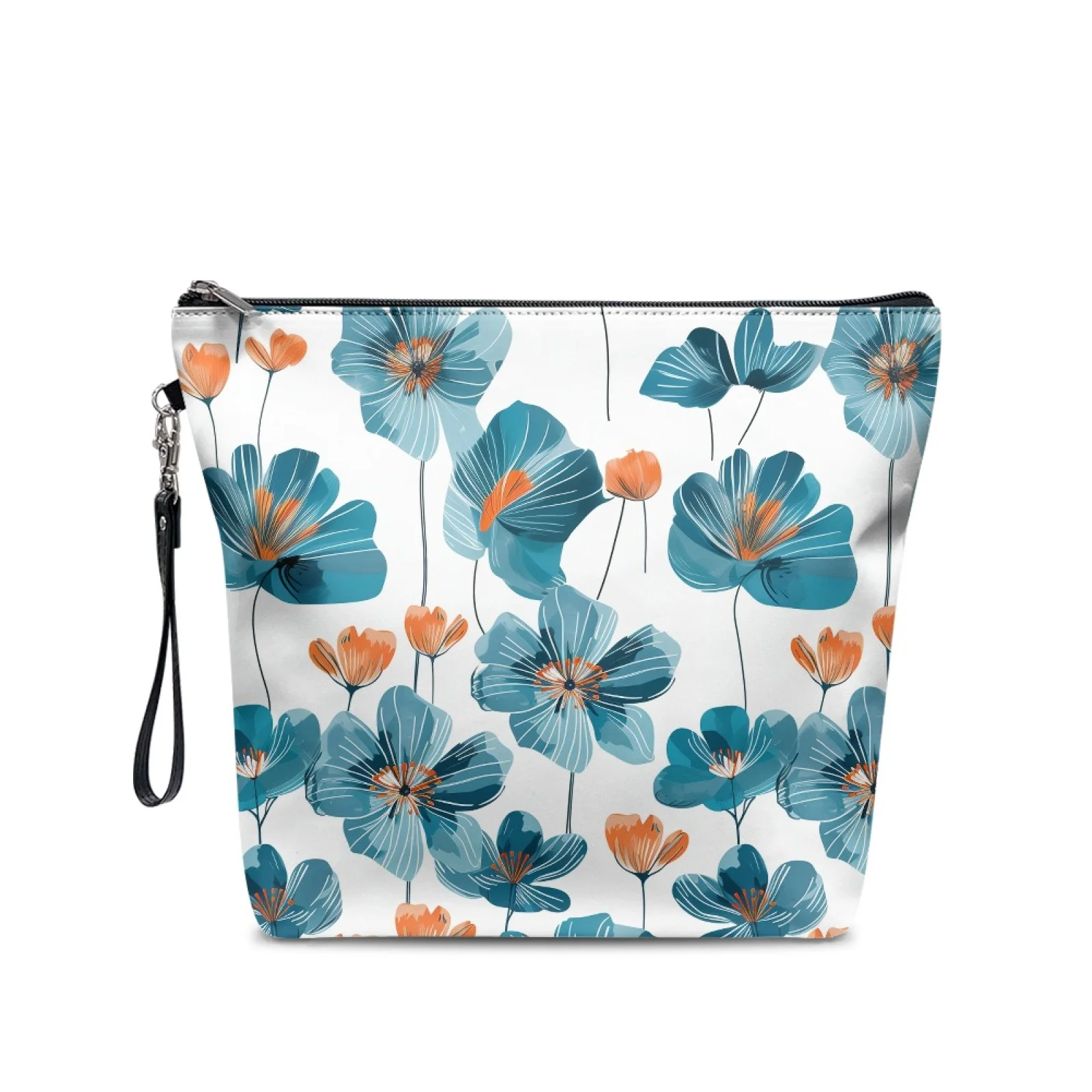 Hot Selling Flower Printed Waterproof Travel Toiletry Bag Large Capacity White Blue Floral Cosmetic Bag Leather Makeup Bag Pouch