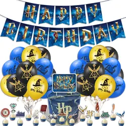 New Harry Potter Party Decoration Happy Birthday Paper Banner Wizard Witcher Hat Glasses Latex Balloon Cake Topper Set