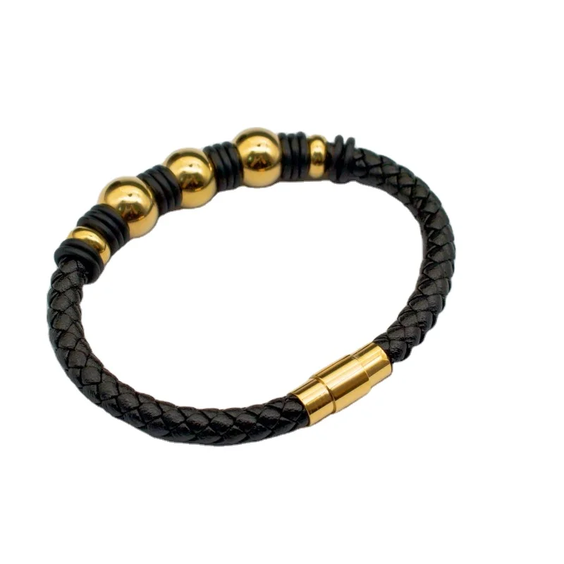 Multi-layer hand-woven cowhide rope magnet buckle stainless steel round bead leather bracelet for men fine jewelry bracelets