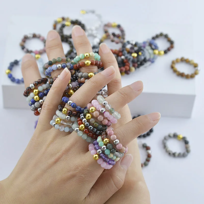Natural Stone Beads Women Rings Adjustable Black Crystal Gem Stone Men Rings stainless steel bead Handmade amethyst rose quartz