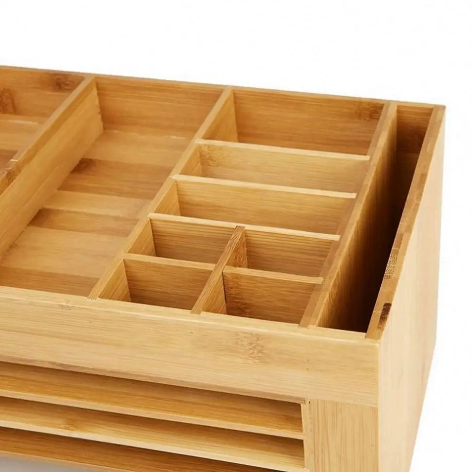 Bamboo Wooden Table Reader Desk File Organizer 16 Compartments Storage Box