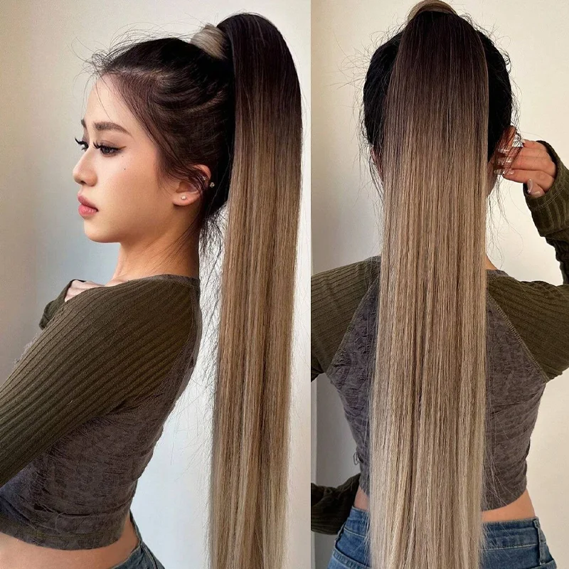 Ponytail wig, feminine, natural, realistic, braided long hair, highlights, gradient long straight hair, high ponytail