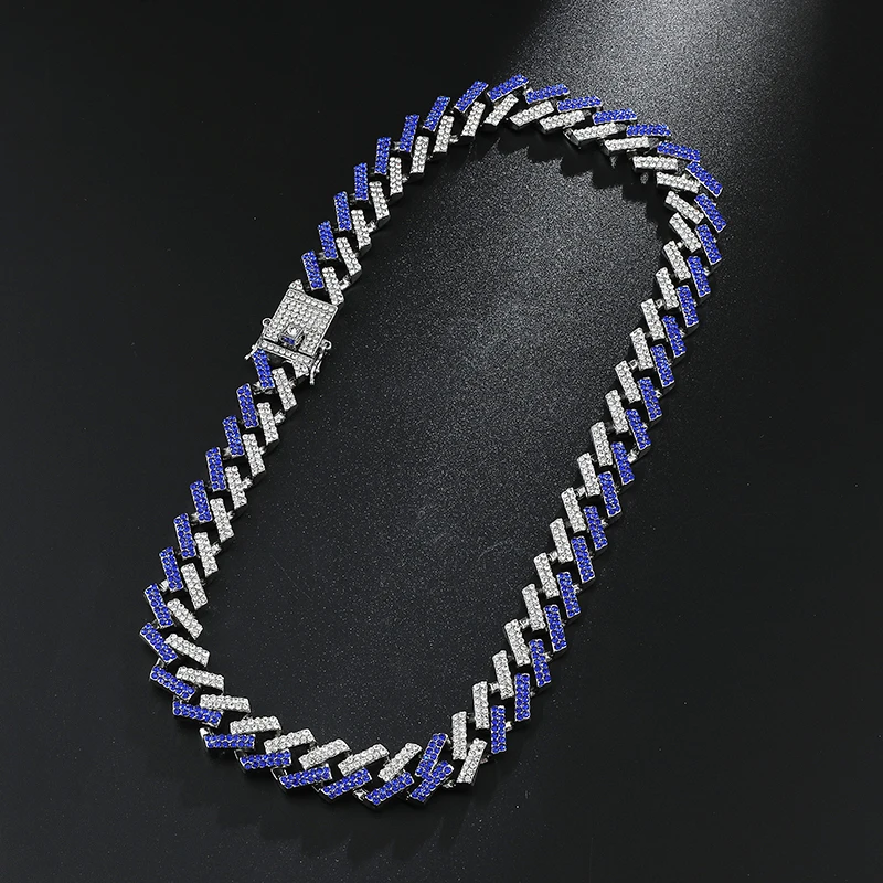 
 New Fashion Jewelry Rhinestones 15mm Prong Cuban Link Hip Hop Chains Necklace For Men  